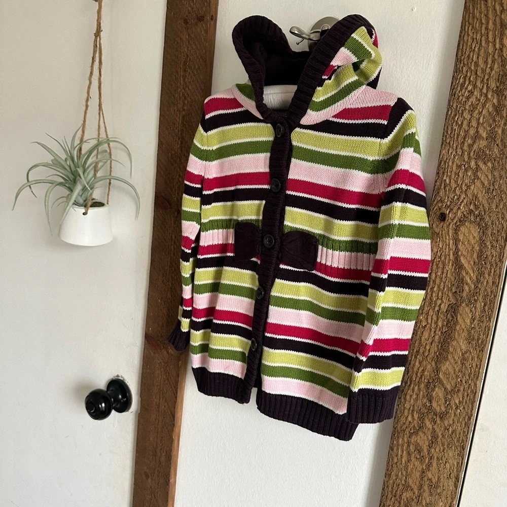 Y2K Gymboree 100% Cotton Knit Hooded Striped Sweater Size xs 3/4 Girl